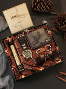 7 件男士时尚经典手表、鹰钱包、剪刀、眼镜、钥匙扣、情绪 LED 灯、带盒卡片礼品套装，完美的生日、父亲节礼物，日常配饰 - 金色 - 查看 2
