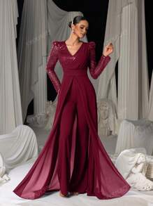 Faeriesty Stunning Long-Sleeve Evening Jumpsuit With Chiffon Overlay & Shimmering Sequin - Elegant Flowing Silhouette For Luxury Banquets, Red Carpet Galas, Weddings & Formal Evening Events