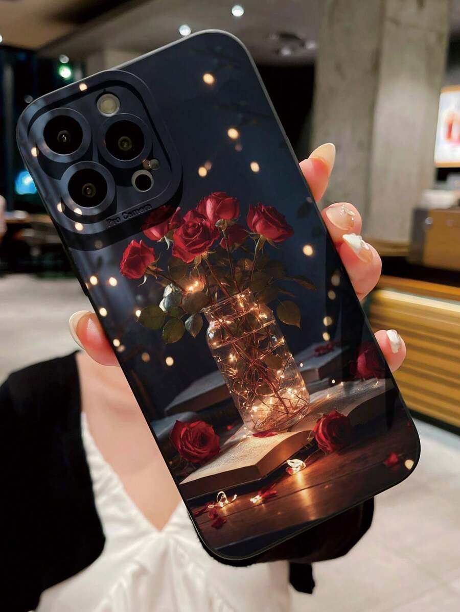 1pc Fashion Glass Bottle Rose Pattern Camera Full Body Shockproof Phone Case, Minimalist Design Compatible With IPhone//OPPO/Vivo/Redmi/ Series