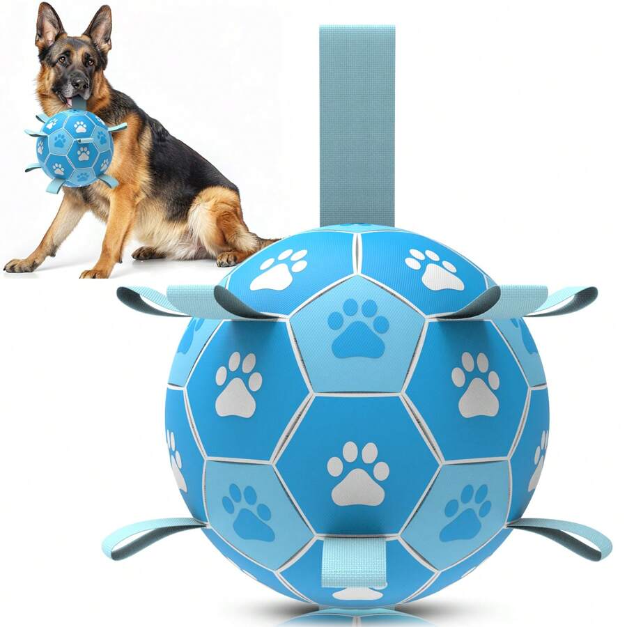 Pet Supplies - Blue And White Dog Ball, Outdoor Sports Pet Soccer Ball With Built-In Webbing Strap And Air Pump, Dog Toy Ball Suitable For Small, Medium, And Large Dogs