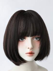 NAMM 4# 女士深棕色鲍勃假发，黑色短直分层假发，带刘海，自然外观，高品质合成纤维假发，适合日常派对初学者使用 12 英寸 - 深棕色 - 查看 7