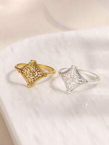 1 pieza Anillo de flor hueco de moda para mujeres y hombres, color dorado, de acero inoxidable con diseño geométrico, joyería estética para boda, regalo de pareja