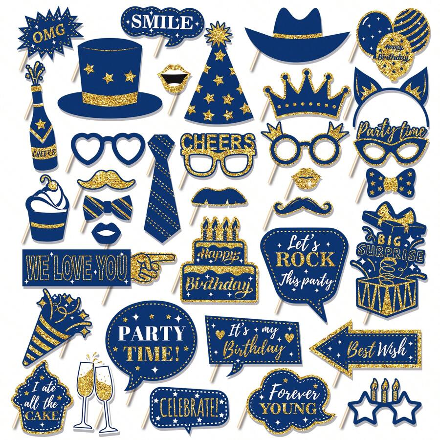 36 Pcs Birthday Photo Booth Props Blue Birthday Photo Booth Props Birthday Party Selfie Props Party Photo Booth Props Birthday Decorations Backdrop Decorations Birthday Props For Photography - Royal Blue - View 1