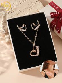Set de 3 piezas/caja de Pendientes, Collar con Círculo y Corazón de Circonita Brillante, para uso diario, fiesta, citas, boda, regalo nupcial, regalo para el amante, regalo para la mamá, regalo de Día de San Valentín, regalo de cumpleaños, regalo de Año Nuevo, mamá, madre, Día de la Madre, regalo