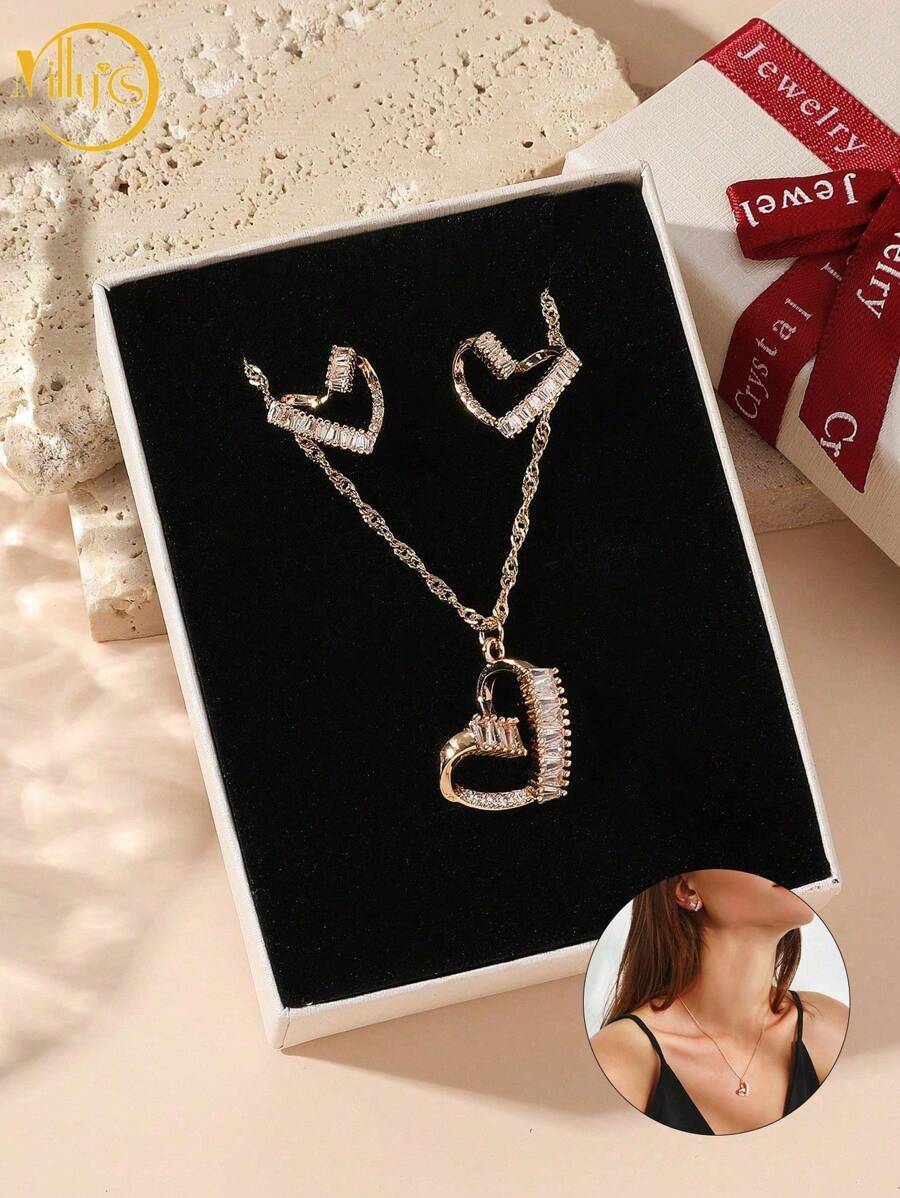 Set de 3 piezas/caja de Pendientes, Collar con Círculo y Corazón de Circonita Brillante, para uso diario, fiesta, citas, boda, regalo nupcial, regalo para el amante, regalo para la mamá, regalo de Día de San Valentín, regalo de cumpleaños, regalo de Año Nuevo, mamá, madre, Día de la Madre, regalo