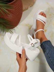 女士坡跟厚底一脚蹬凉鞋，时尚编织纯色轻便舒适透气休闲日常沙滩鞋 - 白色 - 查看 2