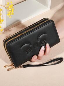 可爱猫咪印花钱包 女式仿皮 带卡槽和拉链口袋 双拉链卡包 钱包 钱夹 长款钱包 钱包 腕包 - 彩色 - 查看 8