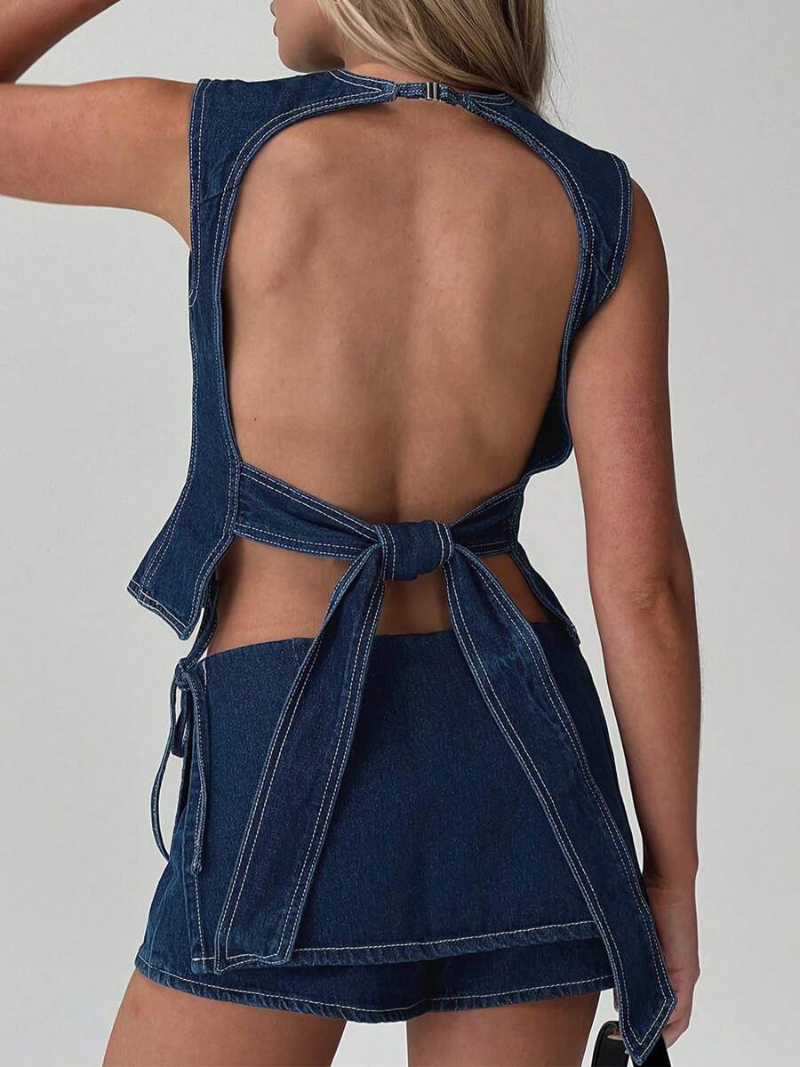 Women Y2k Halter Denim Top Backless Tie Back Button Up Relaxed Fit Jean Vest Sexy Vintage Summer Going Out Tank Top Streetwear - Màu xanh lam - Xem 1