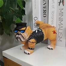 1 件，质朴的树脂斗牛犬雕像，15 厘米/5.91 英寸高，有趣的撒尿狗雕塑，朋克服装，太阳镜，书桌和花园装饰，适合家庭和户外空间的独特礼物
