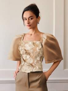Áo cánh dự tiệc vải đặc biệt thêu cao cấp dành cho nữ, mùa hè, áo crop top, trang phục công sở thường ngày, đi nghỉ, tay bồng - màu nâu - Xem 5