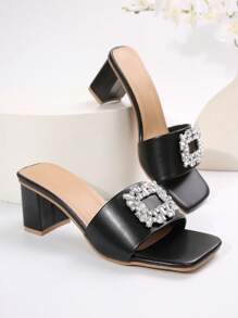 New Summer Women's Rhinestone Square Buckle Sandals, Fashion High Heel Slippers, Thick-Heel Slip-On Slippers, Suitable For Dating, Shopping, Commuting, Business, Home, Leisure
