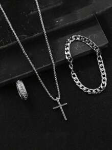 3pcs/Set Men's Hiphop Stainless Steel Chain Swivel Clasp, Pressure Resistant Ring, Bracelet, Cross Necklace - Arrow Three Piece Set - View 9