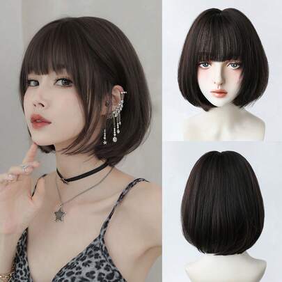 NAMM 4# Tóc giả Bob màu nâu sẫm dành cho nữ, tóc giả nhiều lớp thẳng ngắn màu đen có mái, tóc giả bằng sợi tổng hợp chất lượng cao trông tự nhiên dành cho người mới bắt đầu tiệc tùng hàng ngày, kích thước 12 inch