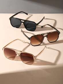 3pcs Plastic Material, High-End Unique Dual-Beam Geometric Design Women's Glasses Set, Suitable For Street Photography, Tropical Beach Vacation, Ideal Gift And Beach Accessory For Summer Beach Vacation, Outdoor Activities And Travel - 3pcs 黑白豆花茶組合 - 查看 2