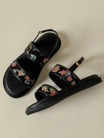 Damsandaler med tjock sula och ett spänne, svarta, slumpmässigt blommönster, bohemisk retrostil, öppen tå, bekväma platåskor med kilklack, lämpliga för sommarstrand, vår/höst, plusstorlek 41-43