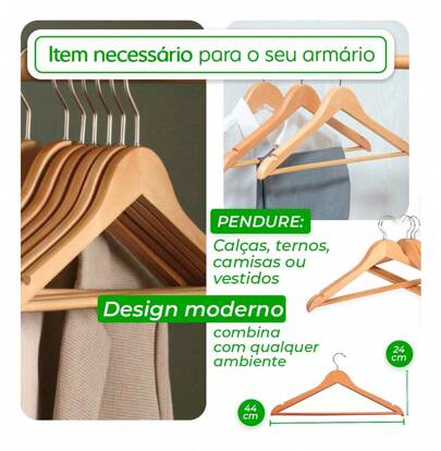 Kit 12 Cabide de Madeira Marfim Premium atacado Para roupas Calças Vestidos Closet