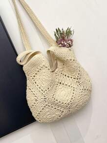 Handmade Crochet Hollow Tote Bag, Large Capacity, Pure Handwoven, Suitable For Summer Beach Vacation, Travel, Sweet Lady Bag, Beach Necessities, Beach Essentials,Beach Stuff & Summer Essentials, Newest Holiday Bag