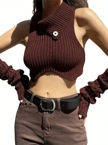 Women's Summer Knitted Tank Tops Brown Sleeveless High Neck Irregular Ribbed Crop Tops