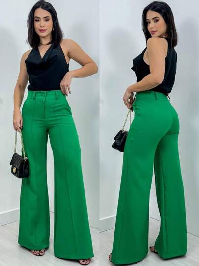 Calça Social Feminina Alfaiataria Pantalona Wide Leg Boca Sino Larga Moderna Elegante