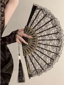 1/2pcs Elegant Retro Chinese Style Black & White Lace Folding Hand Fan, Hanfu/Cheongsam Accessories, Retro Tassel Photography Props For Party & Ball, Perfect For Summer Fan (Without Tassel At Bottom) - Multicolor - View 12