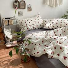 3pcs Bedding Set: White With Red Heart Patterned Comforter Cover, Microfiber Red & White Heart Themed Bed Sheet And Pillowcase Set