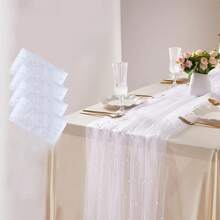 4 Pieces Pearl Table Runner Tulle Fabric Lace Tablecloth For Bridal Shower Birthday Party Wedding Arch Veil Thanksgiving Halloween Christmas Dessert Table Decorations