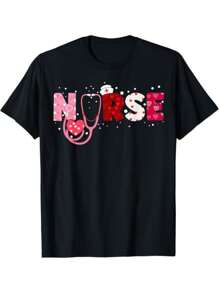 Nurses Valentines Day Hearts Stethoscope Gif For Girls Women T-Shirt - Black - View 1