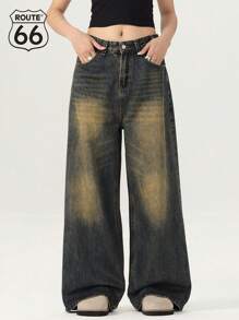 Route66 男女休闲宽松直筒阔腿牛仔裤带斜口袋，美式复古水洗效果长裤 - 藍色 - 查看 1