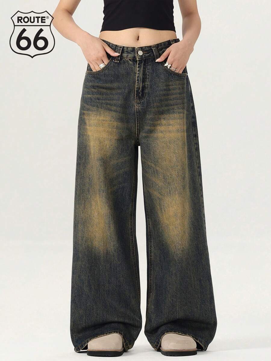 Route66 男女休闲宽松直筒阔腿牛仔裤带斜口袋，美式复古水洗效果长裤 - 藍色 - 查看 1
