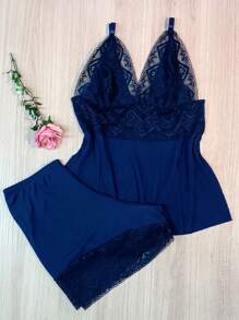 Baby Doll Ribbed Lace Comfort Without Padded Lined Pajama Short Doll - 544 - Navy Blue - View 2