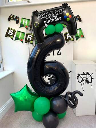 17 件/套绿色电子游戏派对用品、男士生日派对装饰品、带巨型绿色数字气球的游戏气球、游戏控制器铝箔气球、数字气球列（0-9）