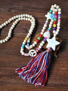 Dây chuyền dài tua rua nhiều màu sắc theo phong cách Boho với hạt gỗ thủ công, mặt dây chuyền hình trái tim và hòa bình, vòng tròn và chữ thập và ngôi sao màu ngọc lam, trang sức mùa xuân/hè cho tiệc lễ - Nhiều màu - Xem 13