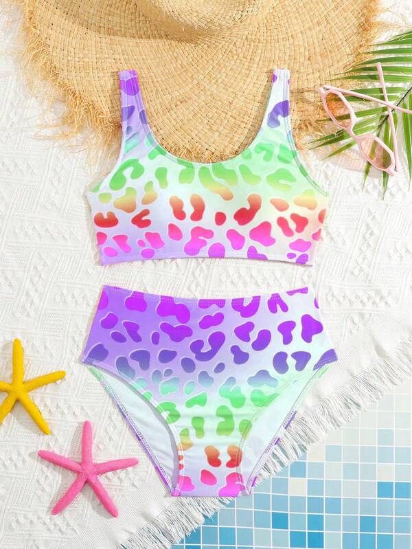 Set de 2 piezas Tankini de traje de baño con estampado de leopardo colorido para niñas preadolescentes de 8 a 12 años