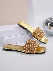Fashionable Luxury Women Flat Slide Sandals With Pearl And Rhinestone Decoration, Square Toe Slip-On Flat Shoes, Comfortable Footwear In Multiple Colors, Suitable For Stylish Outfits