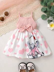 2pcs Set Casual Elegant Sweet Cute Baby Girl Outfit, Soft Comfortable Heart Elephant & Cartoon Bear Print Bow Strap Princess Dress, Baby Girl Dress, Toddler Girl Clothing, Suitable For Daily Use, Vacation, Party, Photo Shoot