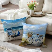 4pcs 17.7*17.7in (45*45cm) White Lifesaver, Chaise Lounge, Balloon, Lighthouse, Bicycle Printed Polyester Pillow Case [Single-Sided Print][Pillow Insert Not Included] Home Couch Bed Headrest Cushion Cover, Suitable For Daily Use, Home Decor, Living Room, Bedroom, Car