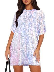 全新夏季欧美风格女士圆领亮片派对百搭优雅晚礼服 - 白色 - 查看 5