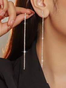 1 par de pendientes de doble capa con cristales de estrás, pendientes colgantes brillantes con flecos largos, joyería de moda para fiestas, versátil