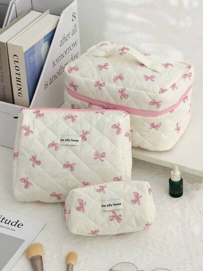 L/M/S Pink Bow Floral Print Makeup Bag Set, Cosmetic Pouch, Toiletry Travel Organizer Bag For Women And Girls