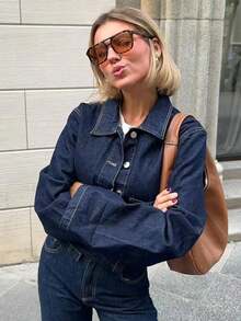 Áo khoác denim ve dài tay thời trang nữ - Màu xanh hải quân - Xem 8