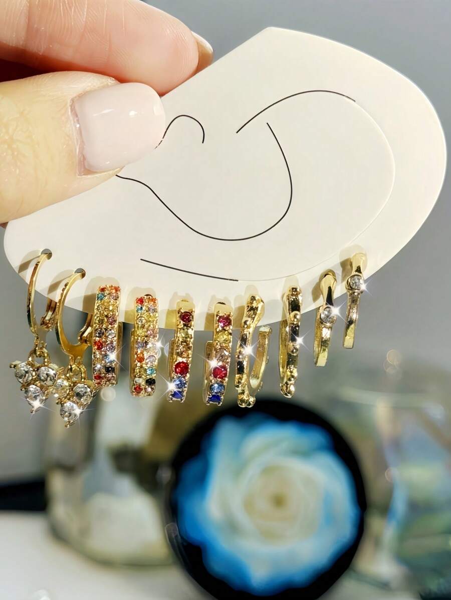 Bộ 5 đôi hoa tai vàng đính đá sáng bóng thời trang, hoa tai đinh tán tối giản phù hợp cho trang phục hàng ngày, tiệc tùng và dạ tiệc của phụ nữ - Món quà hoàn hảo cho bạn gái, gia đình - bộ bông tai - Xem 1