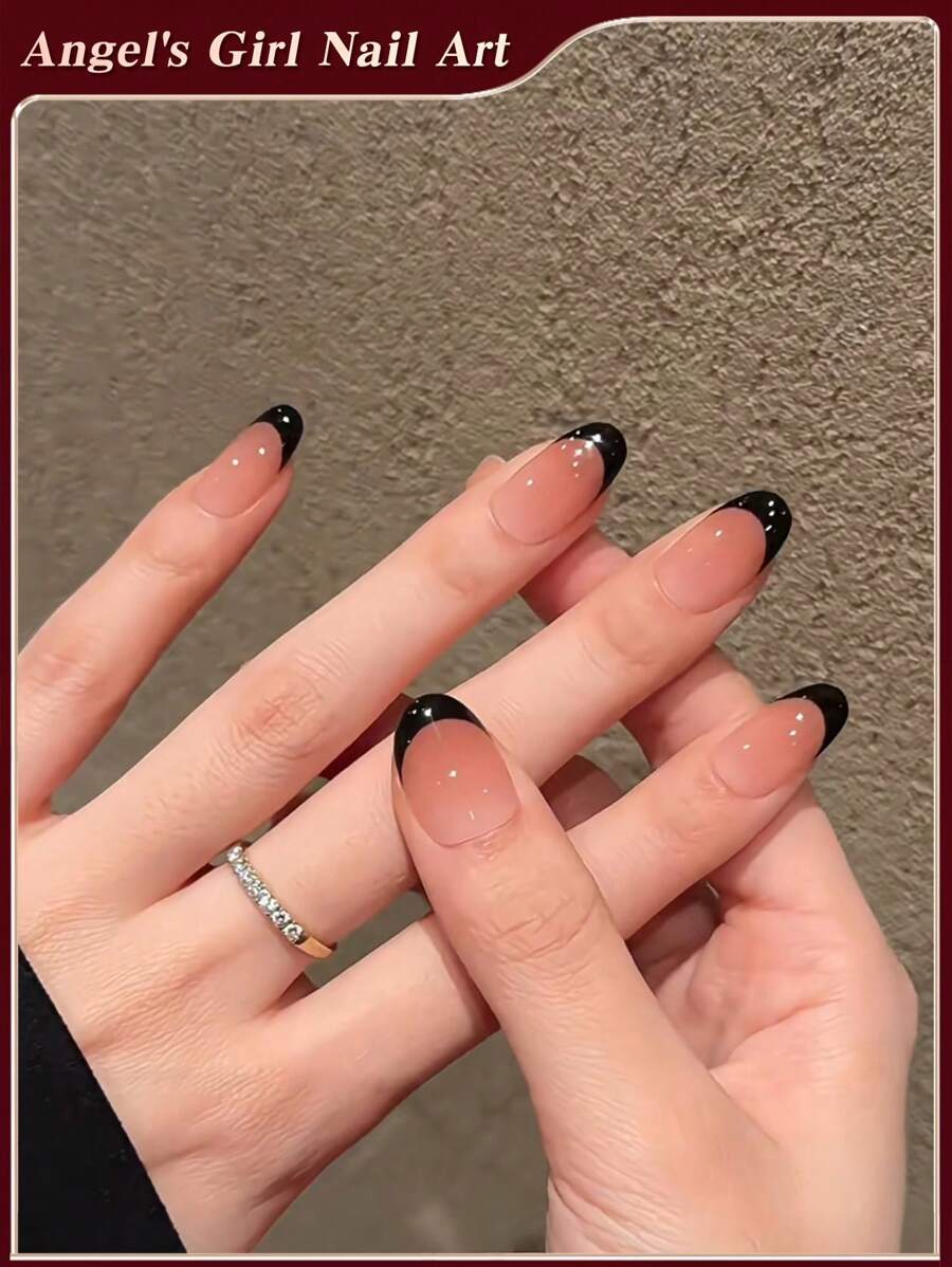 Elevate Your Style With,24pcs Short Almond French Tip Press On Nails Fit Perfectly Design Acrylic Fake Nail Set,Contain 1pc Jelly Glue And 1pc Nail File,Easy To Wear French Tip Nail For Woman Girl Daily Work Festivals Party Use