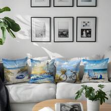 4pcs 17.7*17.7in (45*45cm) White Lifesaver, Chaise Lounge, Balloon, Lighthouse, Bicycle Printed Polyester Pillow Case [Single-Sided Print][Pillow Insert Not Included] Home Couch Bed Headrest Cushion Cover, Suitable For Daily Use, Home Decor, Living Room, Bedroom, Car