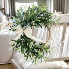 1 Peça Grinalda de Azeitona Verde Artificial com Flores Brancas e Fita - Perfeito para Decoração Rústica Interna/Externa, Parede ou Janela, Ótimo para Casa, Festivais, Decorações de Casamento