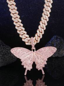 Fashion Crystal Pink Butterfly Pendant & Punk Spiked Cuban Link Chain Necklace Set, Unisex Party / Gift Decorative Box Included