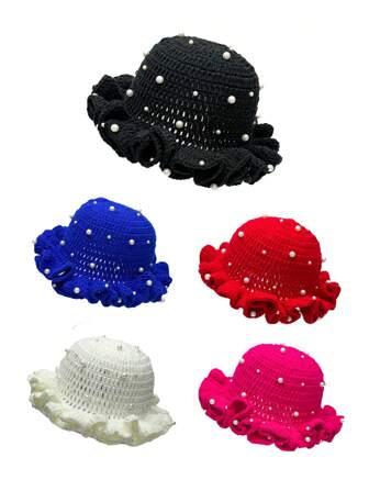 1pc/2pcs Women's Y2K Style Handmade Crochet Ruffle Edge Knitted Hat With Pearl,Hollow Knit Bucket Hat, Color Random,Suitable For Daily Wear, Photography, Party, Picnic, Outdoor