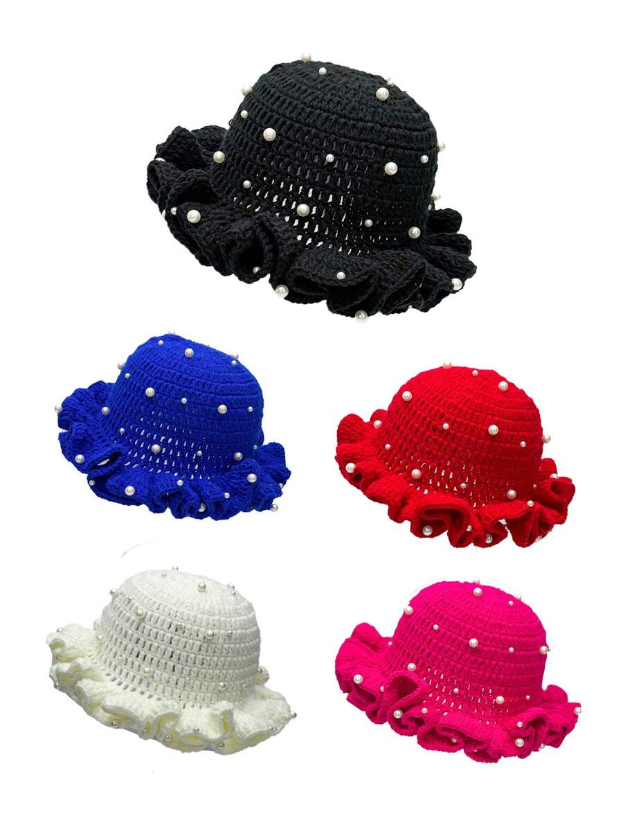 1pc/2pcs Women's Y2K Style Handmade Crochet Ruffle Edge Knitted Hat With Pearl,Hollow Knit Bucket Hat, Color Random,Suitable For Daily Wear, Photography, Party, Picnic, Outdoor,Summer,Beach - Pearl Ruffles - View 1