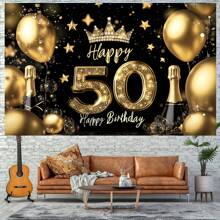 1pc Elegant Gold 50th Birthday Party Background, Polyester Fabric, No Electricity, Suitable For Housewarming, Anniversaries And Celebrations, Shiny Balloons And Champagne Design - Multicolor - View 5