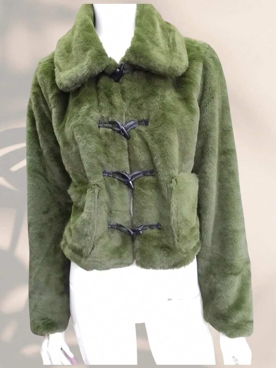 Women's Crop Teddy Jacket - Olive Green - View 1