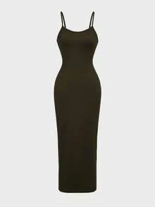 Floreya 纯色细肩带紧身连衣裙，弹力针织修身百搭中长连衣裙